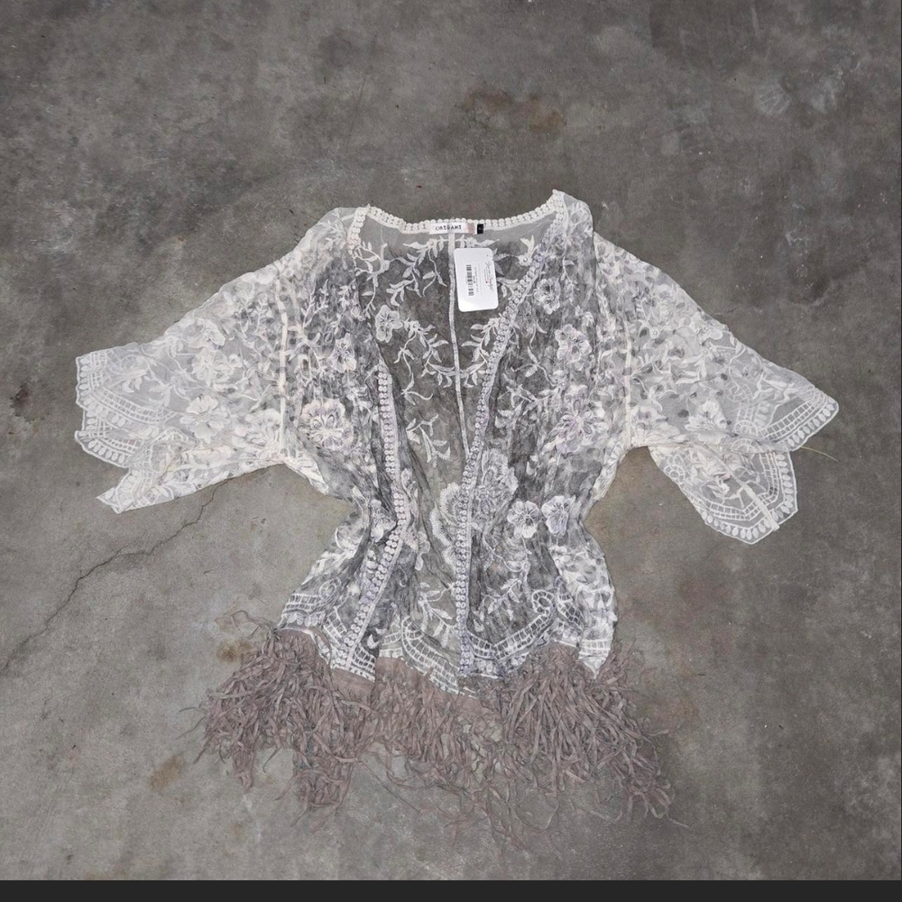 Source Unknown Sheer White Lace Camisole with Taupe Fringe